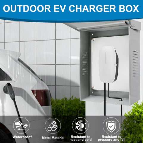 EV Charger Cover For Tesla Wall Charger Outdoor Enclosure With Rock Solid Galvanized Steel Body And IP65 Weatherproof Seal featuring outdoor setup in rain.