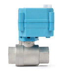 Motorized Stainless Steel Ball Valve With IP67 Waterproof Cover for outdoor use, full port half inch size visible in side view.