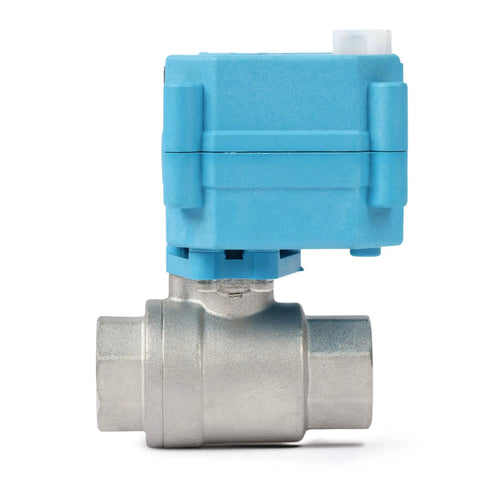 Motorized Stainless Steel Ball Valve With IP67 Waterproof Cover for outdoor use, full port half inch size visible in side view.