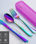4 Piece Stainless Steel Travel Utensils Set With Reinforced Case And Buckle, Rainbow Finish, Includes Fork Spoon Knife