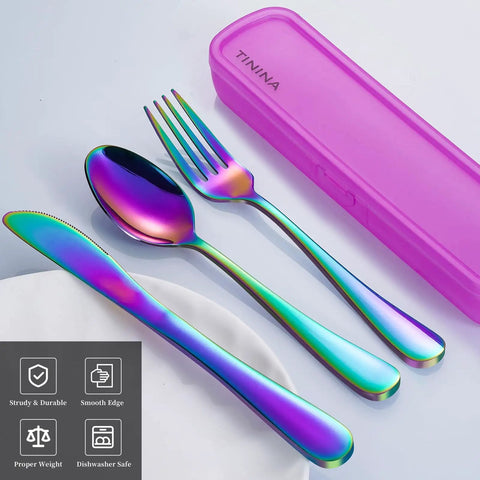 4 Piece Stainless Steel Travel Utensils Set With Reinforced Case And Buckle, Rainbow Finish, Includes Fork Spoon Knife