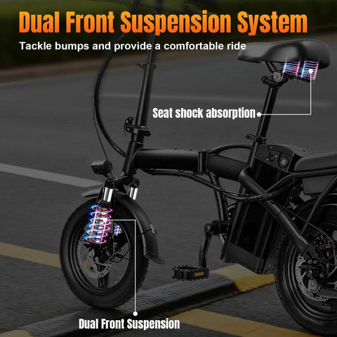 Foldable Electric Bike For Adults And Teens, Hits 23 MPH With Pedal Assist, 38 Mile Range, Powerful 500W Motor, 48V 12Ah Battery, 14 Inch Folding Ebike, 3 Speed Modes, City Commuter Ready with dual front suspension