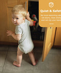 Child opening kitchen cabinet door highlighting Fifty Piece One Half Inch Overlay Soft Close Concealed Cabinet Hinge Set for safety.