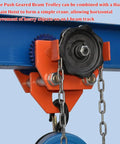 Close-up of Heavy Duty Manual Chain Geared Trolley Built Dang Tough Steel I Beam Cart showing adjustable mechanism and chain.