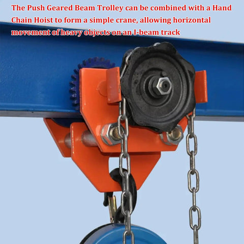 Close-up of Heavy Duty Manual Chain Geared Trolley Built Dang Tough Steel I Beam Cart showing adjustable mechanism and chain.