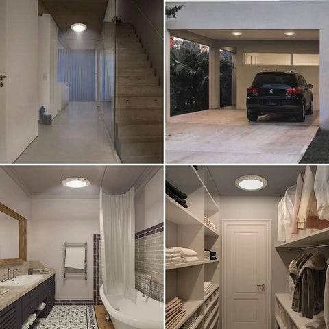 Battery Powered Motion Sensor LED Ceiling Lights With Auto On Off installed in various indoor and outdoor locations