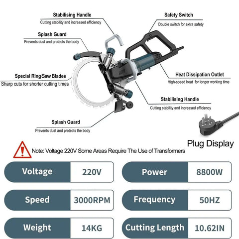 Kickass 8800W Electric Ring Saw For Concrete Wall Grooving With Brushless Motor and Thick Titanium Blade detailed view with specifications.