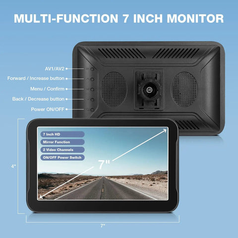 7 Inch Backup Camera Monitor Display For Cars Trucks SUVs Vans RVs Trailers And Campers With Crystal Clear HD Image front and back view