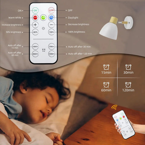 Modern Battery Powered Wall Sconces Set Of Two With Remote In White Wood Rotatable Dimmable Indoor Wall Lamps Not Hardwired Easy Setup