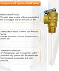 Brass 3/4 inch T&P valve for water heaters with probe and lever, durable and corrosion-resistant, ASME Section IV rated for safety.