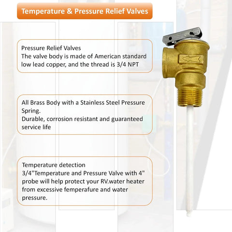Brass 3/4 inch T&P valve for water heaters with probe and lever, durable and corrosion-resistant, ASME Section IV rated for safety.