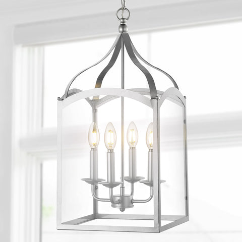 Silver 11 Inch Four Light Traditional Lantern Pendant With Metal Frame And Clear Glass Shade Classic Chandelier For Foyer Or Kitchen Island Energy Saving LED Bulbs Included