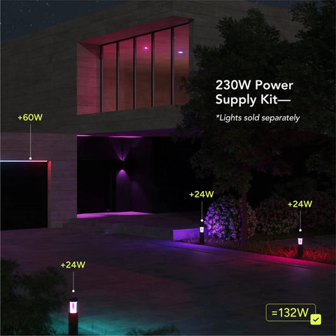 Outdoor Landscape Low Voltage Plug In Power Supply Kit With Dual Output Easy Plug In Setup No Transformer Required Weatherproof Cabling Supports Up To Eight Path Or Spot Lights Includes 10 Ft Extension Cable And T Connectors lighting setup on a modern house exterior