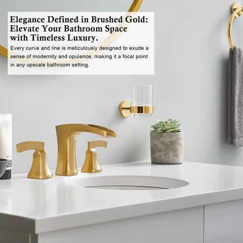 Brushed Gold Waterfall Bathroom Faucet With 3 Hole Widespread Deck Mount Pro Grade Lead Free Brass Vanity Faucet MP107BG on vanity