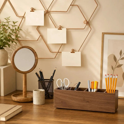 Wooden Desk Organizer With Six Compartments In Walnut Finish on desk with office supplies, mirror, and decor
