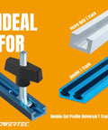 T Track Knob Kit With 5/16-18 T Bolts And Washers for woodworking jigs showing heavy duty and double-cut profile T-tracks