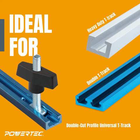 T Track Knob Kit With 5/16-18 T Bolts And Washers for woodworking jigs showing heavy duty and double-cut profile T-tracks
