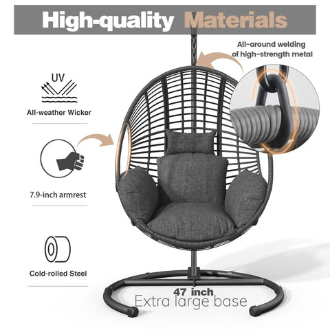 Oversized Hanging Egg Chair With Stand For Outdoor Patio Garden Balcony, highlighted wicker and steel features, close-up view