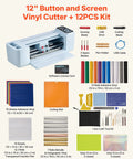 Level Up Your Side Hustle With This Slick 12 Inch Vinyl Cutting Machine with buttons, screen, and assorted vinyl supplies.