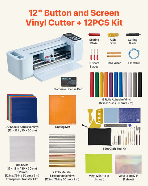 Level Up Your Side Hustle With This Slick 12 Inch Vinyl Cutting Machine with buttons, screen, and assorted vinyl supplies.