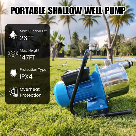 Smooth Operator 1.6Hp Shallow Well Jet Pump Featuring Rugged Stainless Steel Build For Effortless Garden Irrigation Lawn Care And Quick Property Draining Moves Up To 1600, on grass with palm trees.