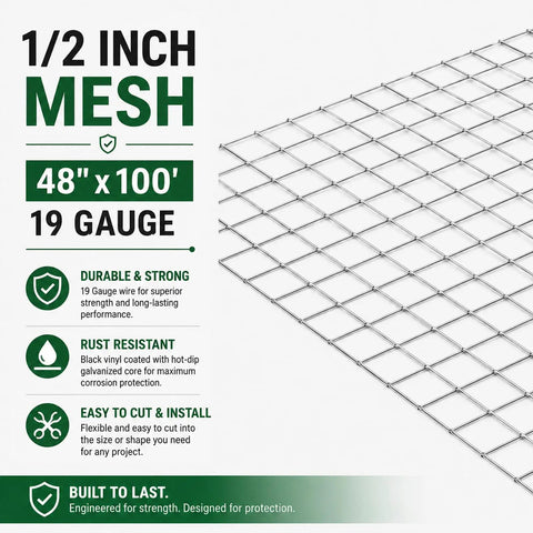 Heavy Duty Hardware Cloth 1/2 Inch Mesh Chicken Wire Fencing Roll, 48 Inch Wide by 100 Feet, 19 Gauge, Hot Dip Galvanized After Welding, Rust Resistant Poultry Coop Fence for Coops, Runs, and Enclosures; 1/2 inch mesh roll