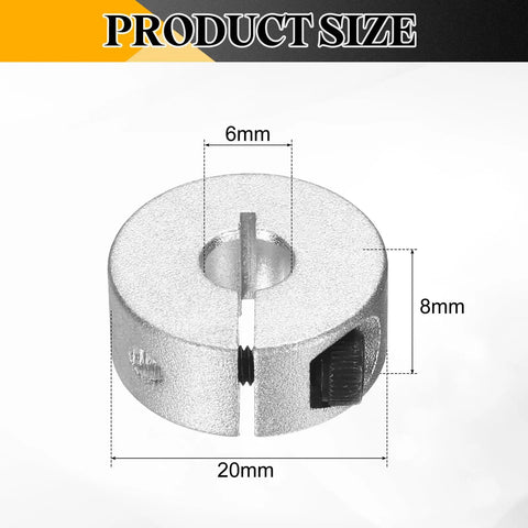 Six Pack Single Split Clamp-On Shaft Collars 6mm Bore, 20mm OD, 8mm Thick, Aluminum Alloy 6061, Set Screw Clamp, One-Piece Design, Lightweight and Durable, Corrosion Resistant shown with size diagram