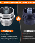 Image comparing Beefed Up Aluminum Oil Filter Housing Cap Assembly Kit vs OEM plastic cap with features listed