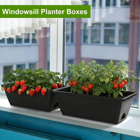 Six Pack Deck Railing Planter Boxes With Adjustable Brackets In Black For Flowers Herbs And Strawberries, seen on windowsill with plants