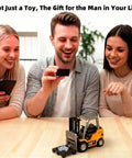 Mini RC Forklift Toy With App Control And Remote, 1:64 Alloy Crane With Liftable Forks shown with people enjoying the toy