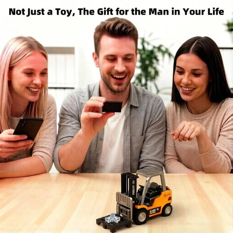 Mini RC Forklift Toy With App Control And Remote, 1:64 Alloy Crane With Liftable Forks shown with people enjoying the toy