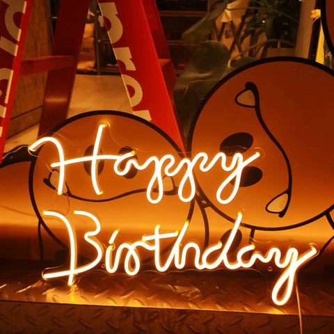 Happy Birthday LED Neon Sign 18 Inch For Backdrops And Parties, Warm White Neon Light Decor With Smiley Face Background