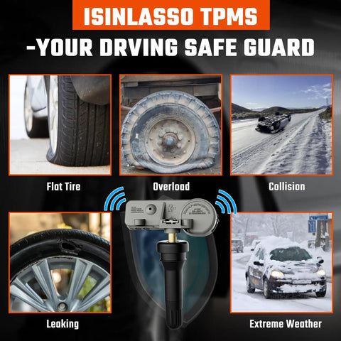 Drop In Ready 315Mhz Tire Pressure Sensors 4Pack Preprogrammed For Gm Vehicles Replaces 13581558 showing tire issues like flat and leaking.
