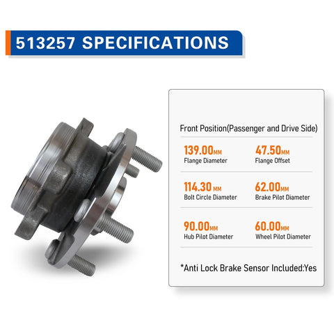 Front Wheel Hub And Bearing Assembly 513257 That Fits 2010-2012 Lexus HS250H, side view with specifications displayed