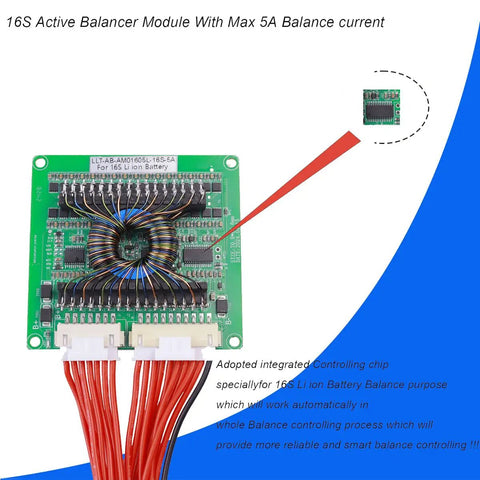 Pro Grade 16S 60V Lithium Ion Battery Active Balancer with 5A balance current, showing charging ports and wiring connections.