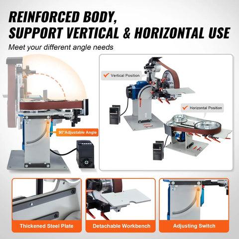 Heavy Duty 1500W Belt Grinder Sander And Variable Speed Belt Polisher With Vfd Drive No Sweat Knife Sharpener Rack For Metalworking Sixty By Two Inch Belts ready for vertical and horizontal use.