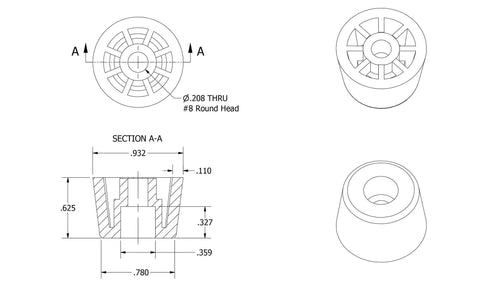 Technical drawing of Heavy Duty Black Rubber Feet With Metal Insert 0.625 Inch High 0.932 Inch Top Width 0.780 Inch Bottom Width
