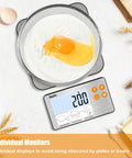 Pro Grade 33 Lb Digital Kitchen Scale With Split Display And Backlit LCD for home chefs with egg on flour in a bowl