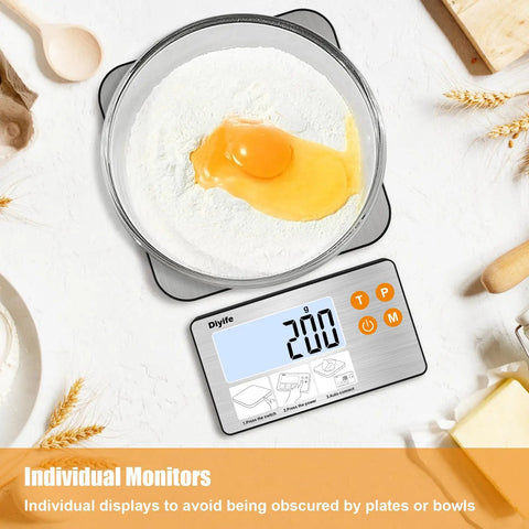 Pro Grade 33 Lb Digital Kitchen Scale With Split Display And Backlit LCD for home chefs with egg on flour in a bowl