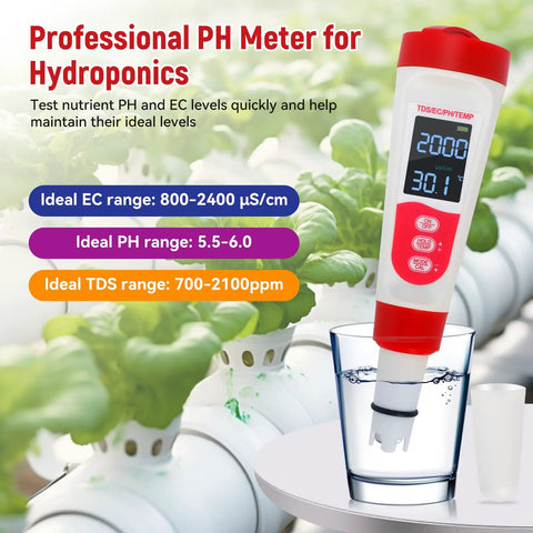 4 In 1 Pool Water Tester With PH EC TDS And Temperature LCD Display in hydroponics setting
