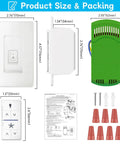 Universal Ceiling Fan Remote Control Kit with Receiver and Wall Control display showing product dimensions and components.