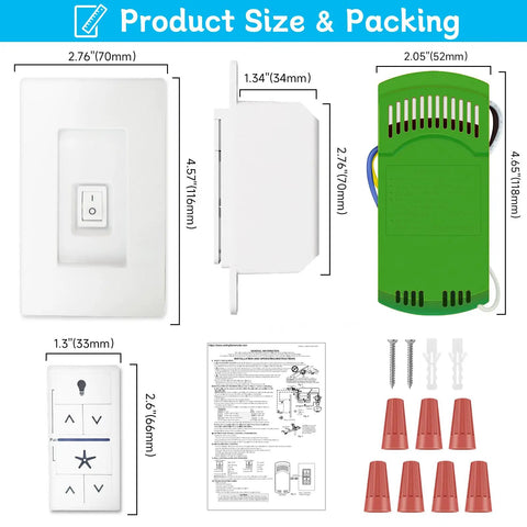 Universal Ceiling Fan Remote Control Kit with Receiver and Wall Control display showing product dimensions and components.