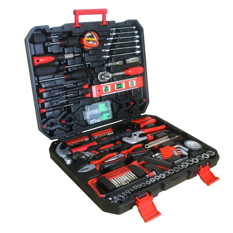 Open storage case showing All In One 238 Piece Home Tool Set For DIY Repairs With Wrenches Hammers Hex Keys And Storage Case Premium Steel Chrome Finish Built To Last Perfect For Weekend Warriors And Quick Home Fixes neatly organized inside.