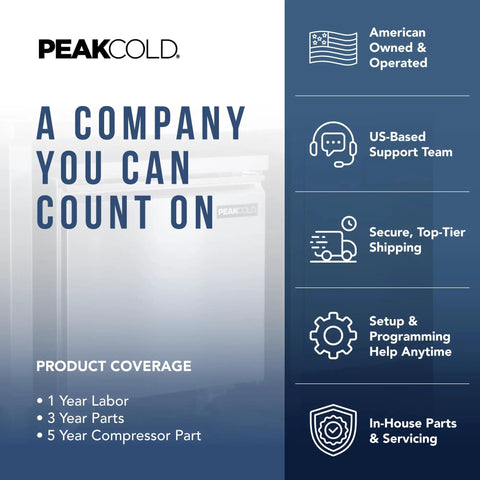 Heavy Duty Commercial 2 Door Stainless Steel Freezer 47 Cubic Feet Capacity with PeakCold support info and coverage details.