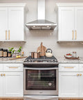 Kitchen with white cabinets featuring Champagne Bronze Cabinet Pulls 5 Inch Zinc Alloy, installed on drawers and cabinet doors.