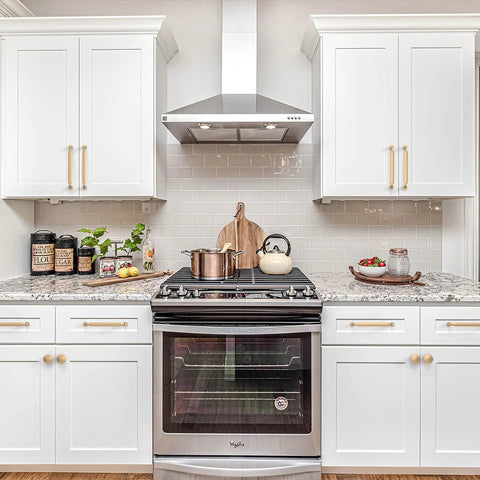 Kitchen with white cabinets featuring Champagne Bronze Cabinet Pulls 5 Inch Zinc Alloy, installed on drawers and cabinet doors.