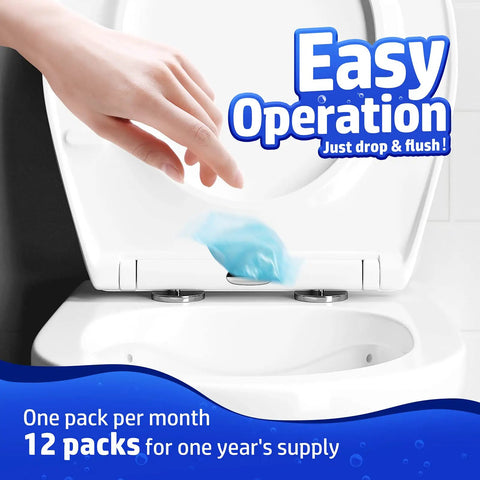 Septic Tank Treatment 12 Pack For 1 Year Supply, dissolvable enzyme packs in blue being dropped into a toilet for easy operation.