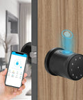 Smart Door Knob Biometric Lock With Keypad And App Control Keyless Entry, black lock with phone app showcasing features