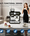 Deluxe Semi Automatic Espresso Coffee Maker With Built In Burr Grinder And Dual Boiler Setup, black, on countertop with coffee and pastries.