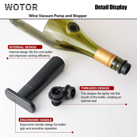 Wine Saver Vacuum Pump With Four Stoppers And Reusable Bottle Sealer Keeps Red And White Wine Fresh For Up To Ten Days displayed.
